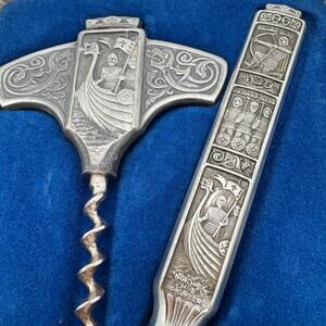 Kongetinn NORWEGIAN Pewter Bar Set Corkscrew Bottle Opener Viking Norway Nordic